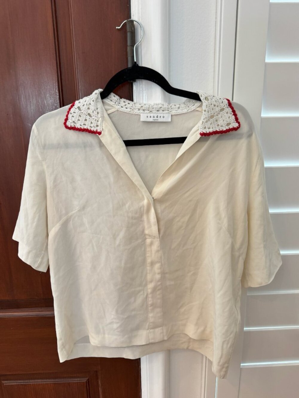 Sandro White Blouse with Red Knitted Collar